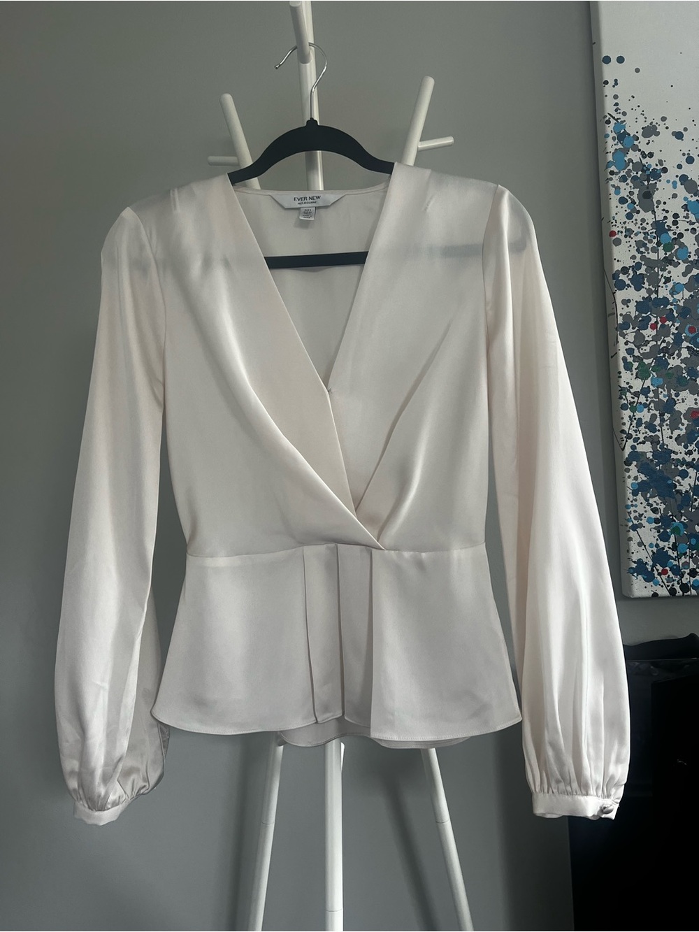 Light Cream Ivory Satin Wrap Peplum Blouse Size US2